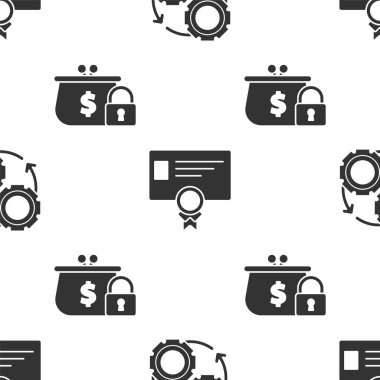 Vites ve okları iş akışı konsepti, sertifika şablonu ve dikişsiz desenli kapalı cüzdan olarak ayarla. Vektör