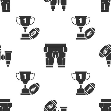 Dürbünü, Amerikan futbol topunu, Amerikan futbol şortunu, ödül kupasını ve Amerikan futbol topunu pürüzsüz desene göre ayarla. Vektör