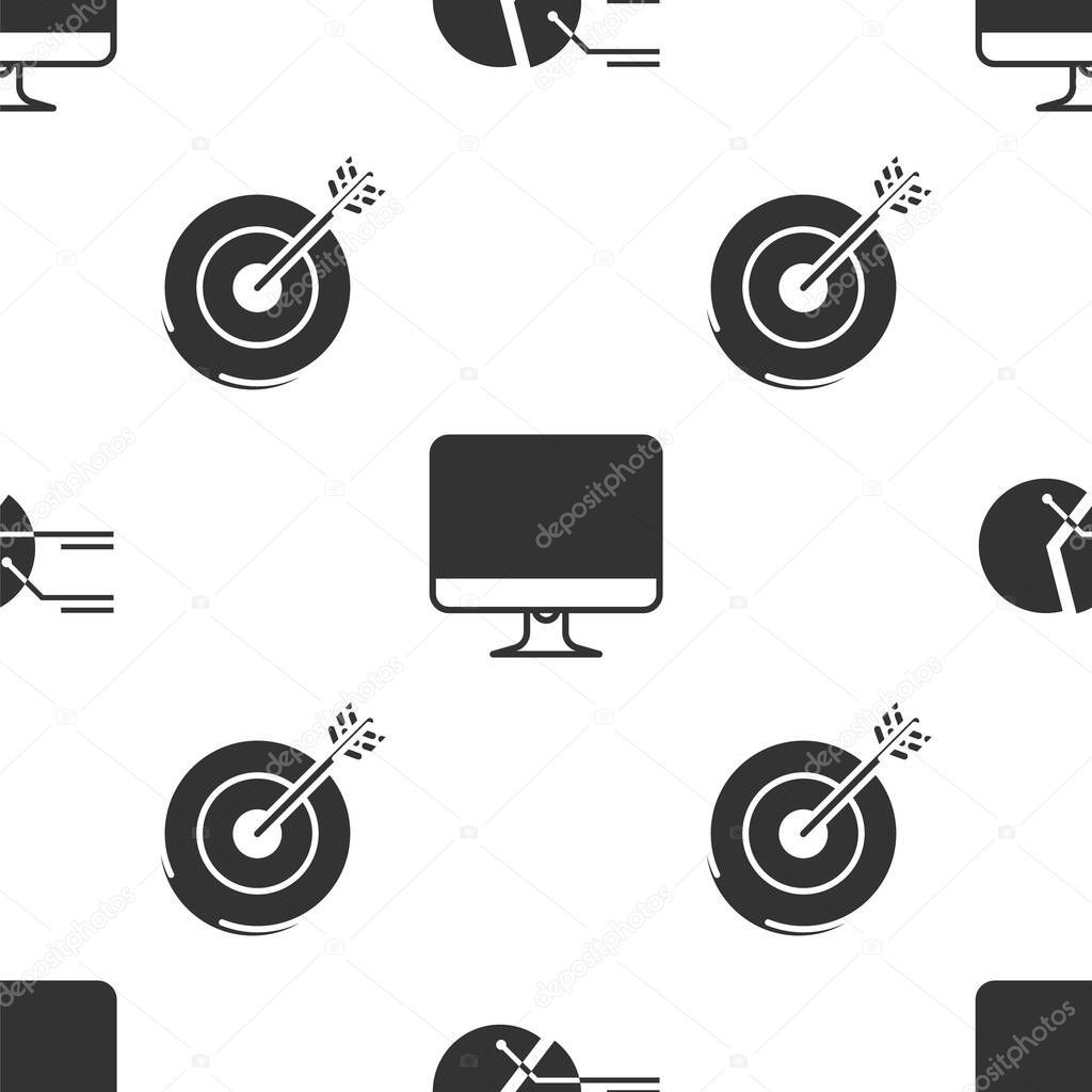 Set Pie chart infographic, Computer monitor screen and Target on seamless pattern. Vector