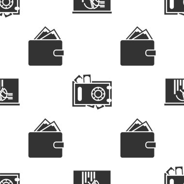 Tahtayı grafik çizelgesi, kasa, para ve para dolu cüzdan ile ayarlayın. Vektör