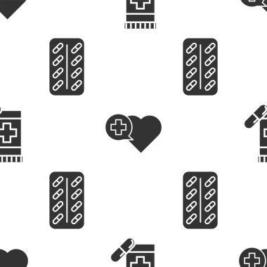 İlaç şişesini ve hapları, haçlı bir kalbi ve pürüzsüz desenli su toplayan hapları hazırla. Vektör