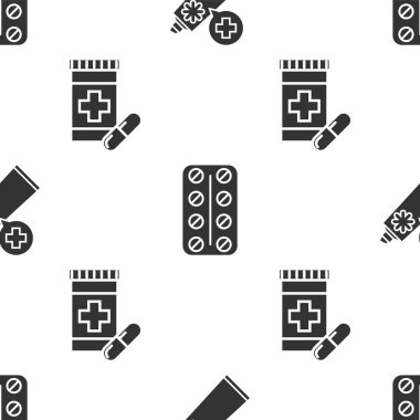 Merhem krem tüpü ilacını, su toplayan hapları ilaç şişesini ve dikişsiz desenli hapları hazırla. Vektör