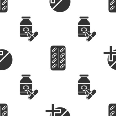 İlaç hapı ya da tablet, su toplayan haplar ilaç şişesi ve kusursuz desenli haplar. Vektör