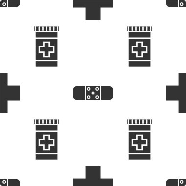 Cross hastanesine tıbbi yardım, bandaj ve ilaç şişesini kusursuz bir kalıba sokun. Vektör