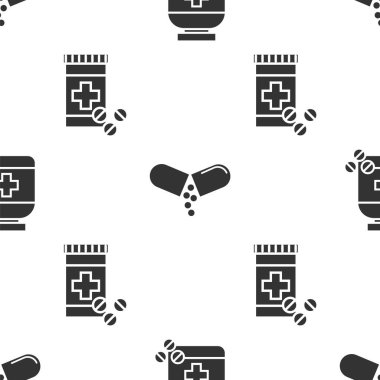 İlaç şişesini ve hapları, ilaç hapını veya tableti ve ilaç şişesini ayarlayın ve hapları da sorunsuz bir şekilde alın. Vektör