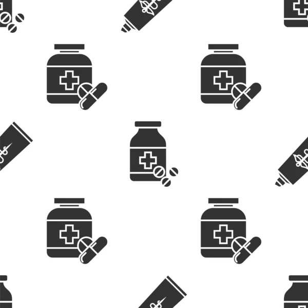 Zestaw Maść krem tubka medycyna, Lekarstwo butelka i pigułki i butelka Medycyna i pigułki na bezproblemowy wzór. Wektor — Wektor stockowy