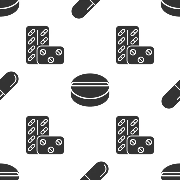 Definir pílula ou comprimido de medicina, pílula ou comprimido e comprimidos em blister sobre padrão sem costura. Vetor —  Vetores de Stock