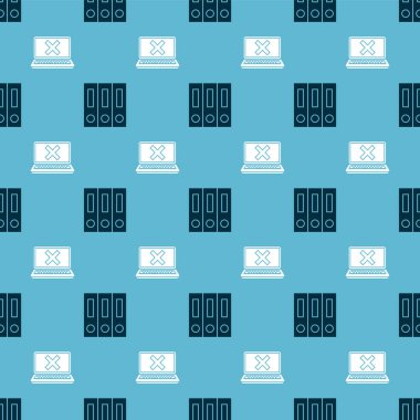 Ofis dizinlerini kağıtlar, belgeler, dizüstü bilgisayar ve çapraz işaretleri ekran üzerinde pürüzsüz desen olarak ayarla. Vektör