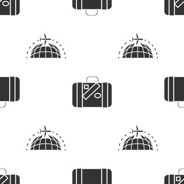 Seyahat için bavul, seyahat için bavul, çıkartma ve pürüzsüz uçakla uçmak için Globe ayarlayın. Vektör