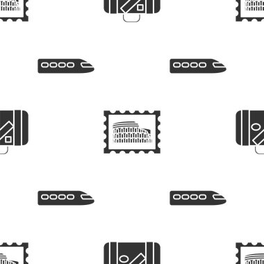 Seyahat ve çıkartmalar için bavul, posta pulu, kolezyum ve tren pürüzsüz desenli. Vektör