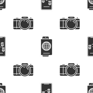 Şehir haritası navigasyonunun bilgilerini, biletli pasaportu ve fotoğraf makinesini sorunsuz bir şekilde ayarla. Vektör