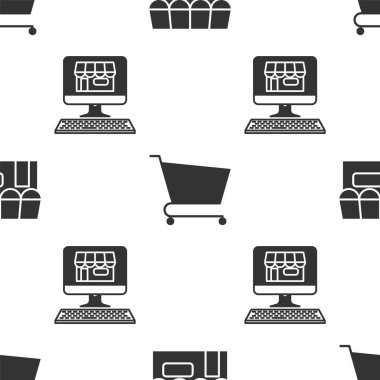 Alışveriş binası ya da market, alışveriş arabası ve alışveriş binasını ekran bilgisayarına kusursuz bir şekilde yerleştir. Vektör