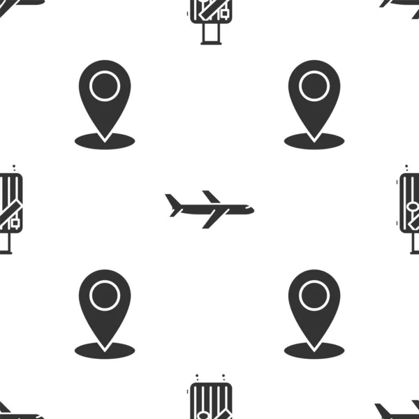 Definir mala para viagens e adesivos, avião e pino de mapa no padrão sem costura. Vetor — Vetor de Stock