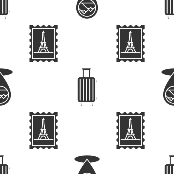 Set Map pointer met berg, koffer voor reizen en postzegel en Eiffeltoren op naadloos patroon. Vector — Stockvector
