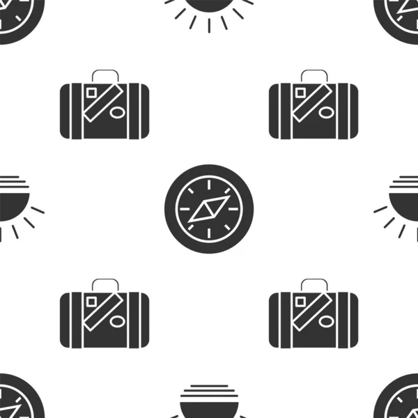 Set Sunset, Compass and Suitcase for travel and stickers on seamless pattern. Vector — 스톡 벡터