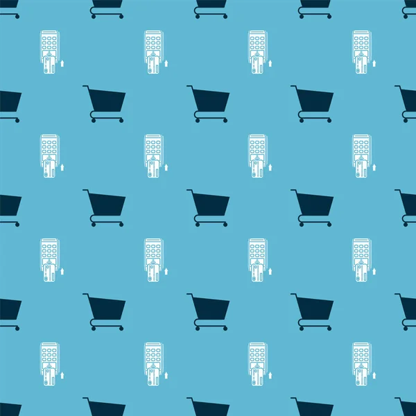 Set Shopping cart and Pos terminal with inserted credit card on seamless pattern. Vector — 스톡 벡터