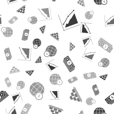 Pasta grafiği bilgisi, altın külçeleri, kağıt para destesi ve dolar sembollü dünya küresi. Vektör