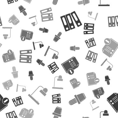 Ofis dosyalarını kağıtlar ve belgelerle, kaktüs ve sulu tencereyle, eksi ve masa lambasının pürüzsüz desenli dökümanlarını ayarlayın. Vektör