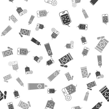 Serum torbasını, serum torbasını, ilaç şişesini, hapları ve merhem kremini kusursuz desenlere ayarlayın. Vektör