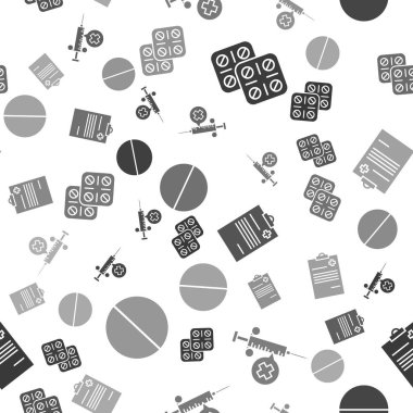 İlaçları su toplayan pakete, şırıngayla şırıngayı, tıbbi kayıtları olan tıbbi panoyu ve ilaç hapını ya da tableti kusursuz desenlere göre ayarla. Vektör