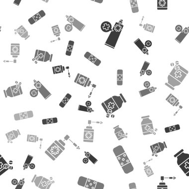 Merhem krem tüpü ilacı, bandaj, ilaç şişesi, ilaç şişesi ve hortum spreyli tıbbi şişeyi dikişsiz desenli ayarla. Vektör