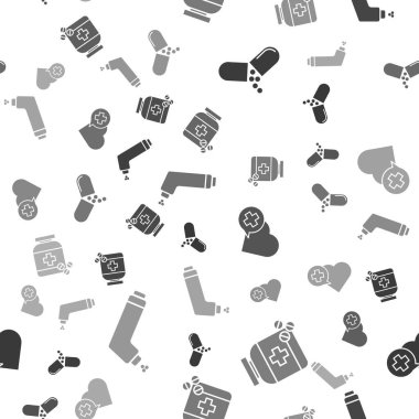 İlaç hapı ya da tablet, ilaç şişesi ve hapları, haçlı kalbi ve dikişsiz solunum cihazını hazırlayın. Vektör