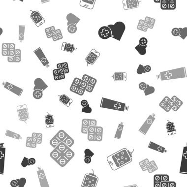 Kalbi haçla, serum torbasıyla, merhem kremi tüpüyle ve dikişsiz desenli su toplayan haplarla hazırla. Vektör