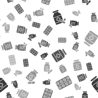 İlaç şişesini ve hapları su toplayan hapları, ilaç şişesini ve ilaç şişesini ayarlayın ve hapları da sorunsuz bir kalıba sokun. Vektör