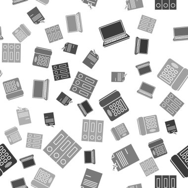 Laptop, raptiyeli not kağıdı, telefon ve ofis klasörleri ile pürüzsüz desenli belgeler ayarlayın. Vektör