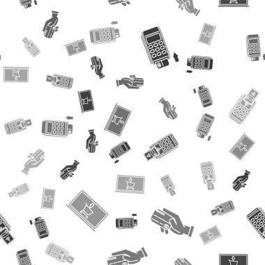 Pos terminalini yerleştirilmiş kredi kartıyla, insan elini kredi kartıyla, Pos terminalini basılı tarifle ve ödemeyi akıllı telefon ve alışveriş arabasıyla ekrandaki dizüstü bilgisayarla doğrula. Vektör