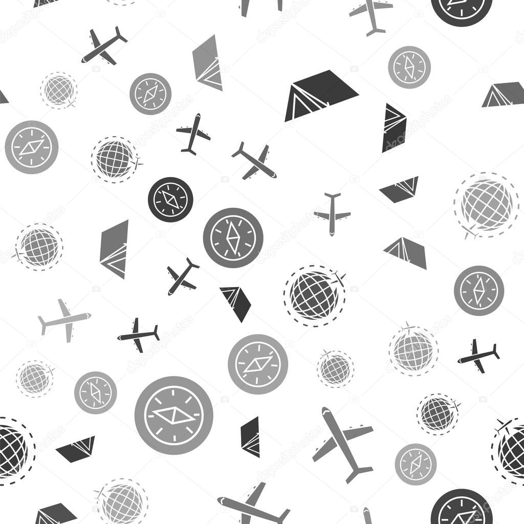 Set Tourist tent, Plane, Globe with flying plane and Compass on seamless pattern. Vector