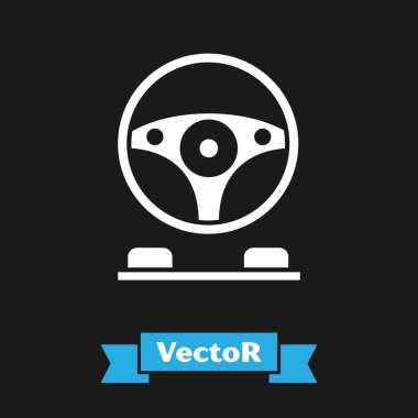 Siyah arka planda beyaz yarış simülatörü kokpit ikonu izole edildi. Oyun aksesuarı. Simülasyon oyunu için Gadget. Vektör İllüstrasyonu