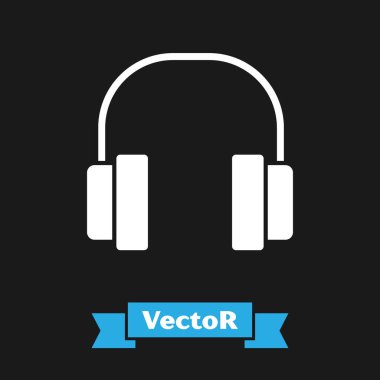 Siyah arkaplanda beyaz kulaklık simgesi var. Kulaklıklar. Müzik, hizmet, iletişim ve operatör konsepti. Vektör İllüstrasyonu