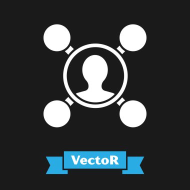 Beyaz Paylaşım simgesi siyah arkaplanda izole edildi. Paylaşma, iletişim piktogramı, sosyal medya, bağlantı, ağ, dağıtım. Vektör İllüstrasyonu