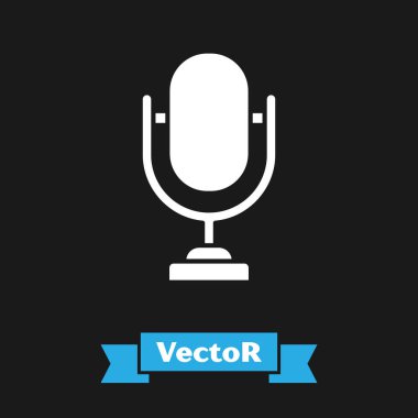 Siyah arkaplanda beyaz mikrofon simgesi izole edildi. Radyodaki mikrofondan. Sözcü işareti. Vektör İllüstrasyonu