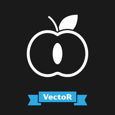 Beyaz Elma simgesi siyah arkaplanda izole edildi. Yaprak sembollü meyve. Vektör İllüstrasyonu