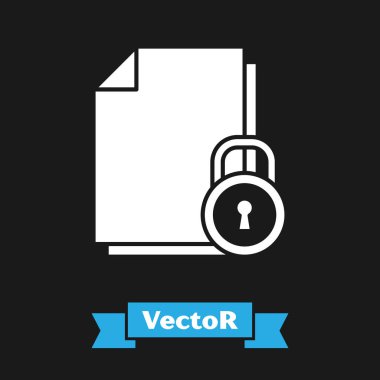 Beyaz Belge ve kilit simgesi siyah arkaplanda izole edildi. Dosya biçimi ve asma kilit. Güvenlik, güvenlik, koruma kavramı. Vektör İllüstrasyonu