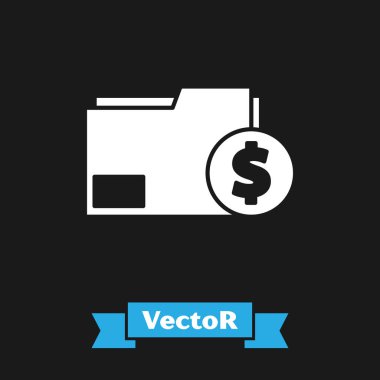 Beyaz Finans belge klasörü simgesi siyah arkaplanda izole edildi. Fatura ya da fatura konsepti için dolar sikkesi olan kağıt banka belgesi. Vektör İllüstrasyonu