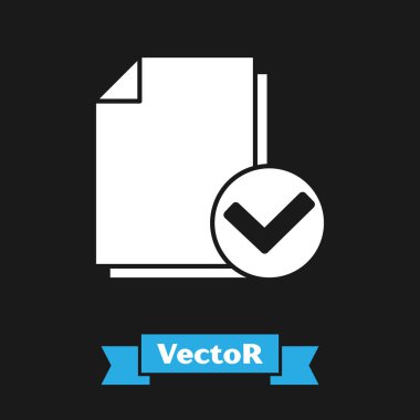 Beyaz Belge ve siyah arka planda yalıtılmış işaret simgesini işaretleyin. Denetim listesi simgesi. İş konsepti. Vektör İllüstrasyonu