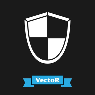 Beyaz Kalkan simgesi siyah arkaplanda izole edildi. Gardiyan. Güvenlik, güvenlik, koruma, gizlilik kavramı. Vektör İllüstrasyonu