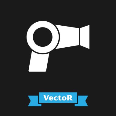 Beyaz saç kurutma makinesi simgesi siyah arkaplanda izole edildi. Saç kurutma makinesi tabelası. Saç kurutma sembolü. Sıcak hava üflüyor. Vektör İllüstrasyonu