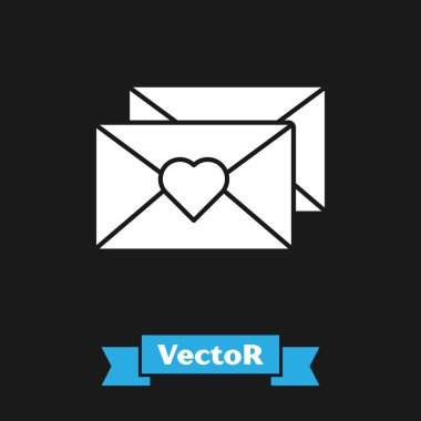 Siyah arka plan üzerinde izole Valentine kalp simgesi ile Beyaz Zarf. Mesaj aşk. Mektup aşk ve romantizm. Vektör İllüstrasyonu