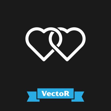 Beyaz İki Bağlı Kalp simgesi siyah arkaplanda izole edildi. Romantik sembol, bağlanma, tutku ve düğün. Sevgililer Günü. Vektör İllüstrasyonu