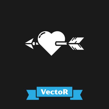 Beyaz Amour sembolü ile kalp ve ok simgesi siyah arka plan üzerinde izole. Aşk işareti. Sevgililer günü sembolü. Vektör İllüstrasyonu