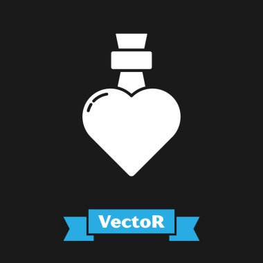 Siyah arka planda izole edilmiş aşk ikonu ikonu olan beyaz şişe. Sevgililer Günü sembolü. Vektör İllüstrasyonu