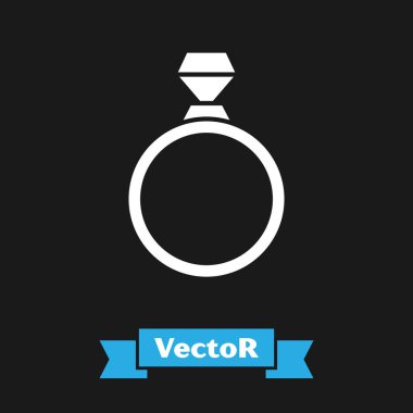 Beyaz Elmas nişan yüzüğü simgesi siyah arka plan üzerinde izole. Vektör İllüstrasyonu