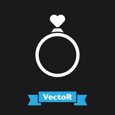 Beyaz alyans simgesi siyah arkaplanda izole edilmiş. Gelin ve damat mücevher tabelası. Evlilik sembolü. Elmas yüzük. Vektör İllüstrasyonu