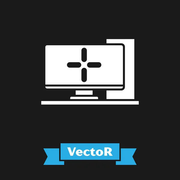 Icono del monitor del ordenador blanco aislado sobre fondo negro. Signo de componente PC. Ilustración vectorial — Vector de stock