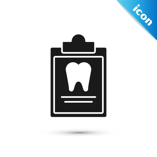 Portapapeles negro con tarjeta dental o icono de la historia clínica del paciente aislado sobre fondo blanco. Seguro dental. Informe de la clínica dental. Ilustración vectorial — Vector de stock