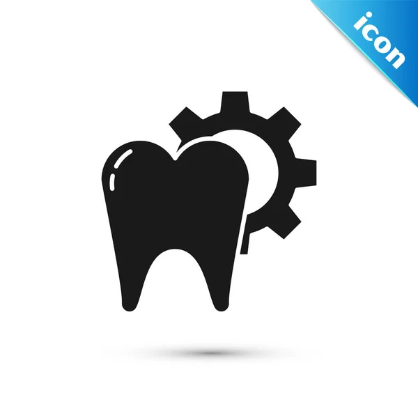 Black Tooth treatment procedure icon isolated on white background. Tooth repair with gear. Vector Illustration — Stock Vector